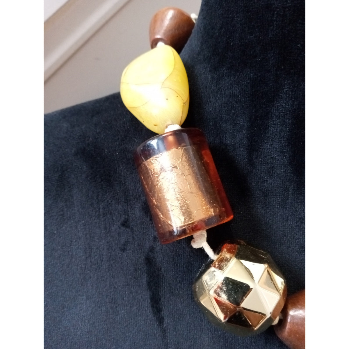 Chunky Mixed Media Beaded Statement Necklace Amber Gold Brown Artisan Boho