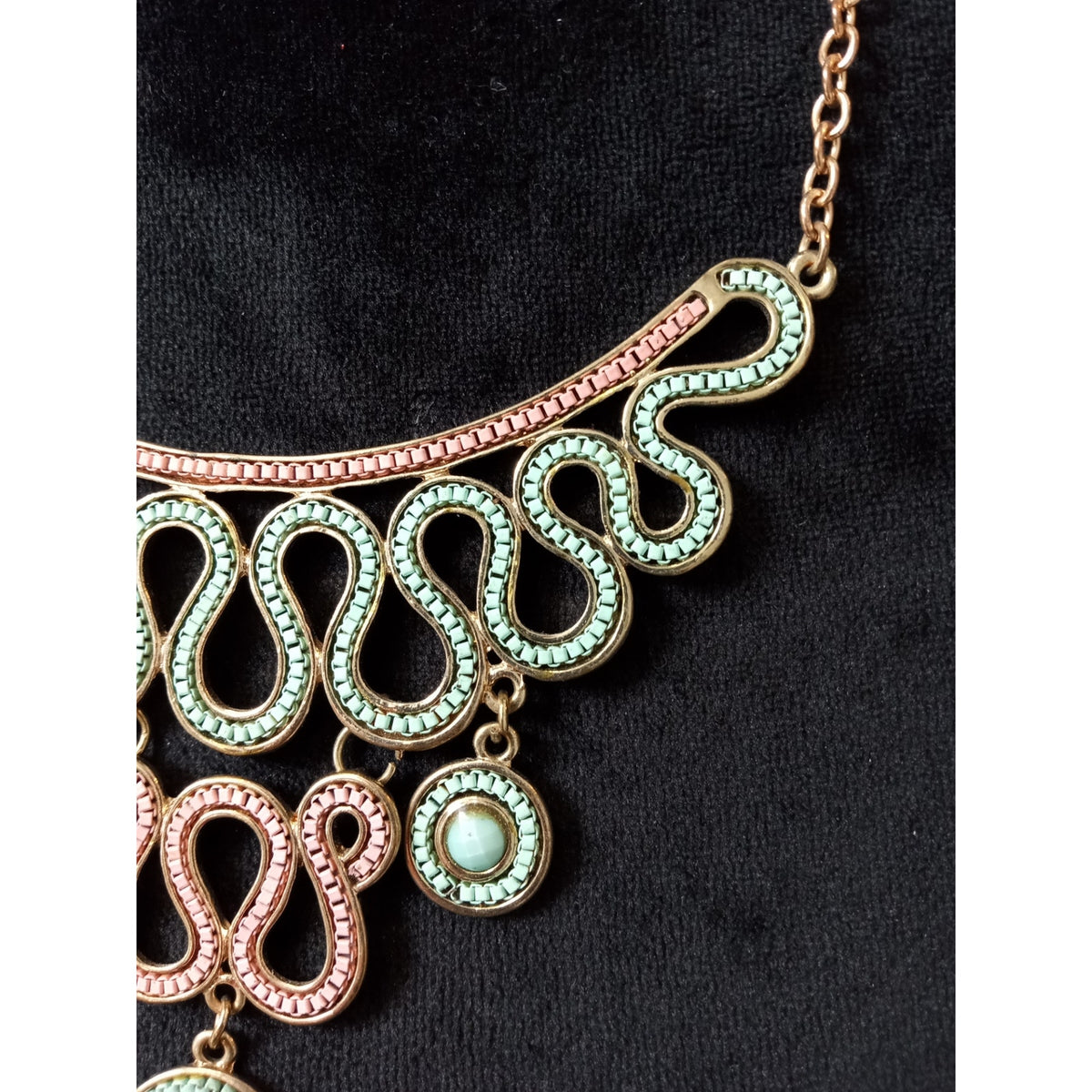 Vintage Gold Tone Scroll Statement Necklace Faux Pearl Dangle Victorian Style