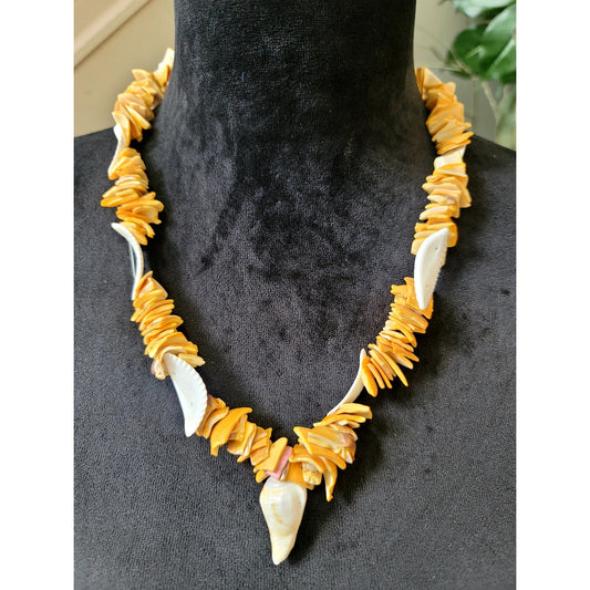 Boho Orange Shell & White Tusk Statement Necklace Beach Tribal Jewelry
