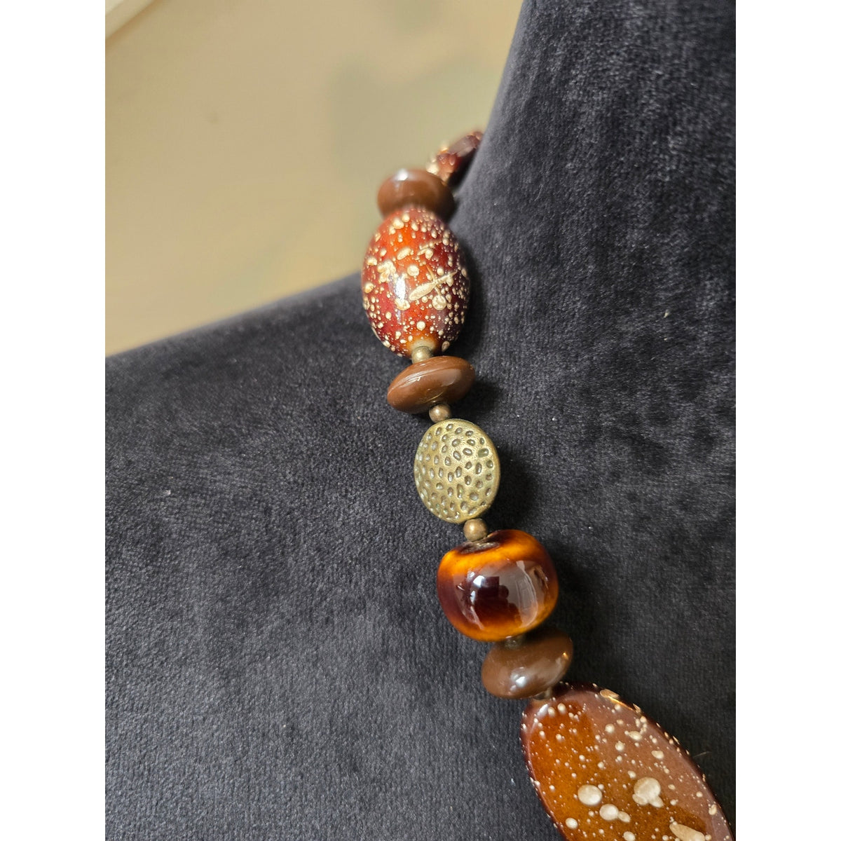Amber Orange Brown Chunky Organic Style Mixed Beaded Boho Necklace