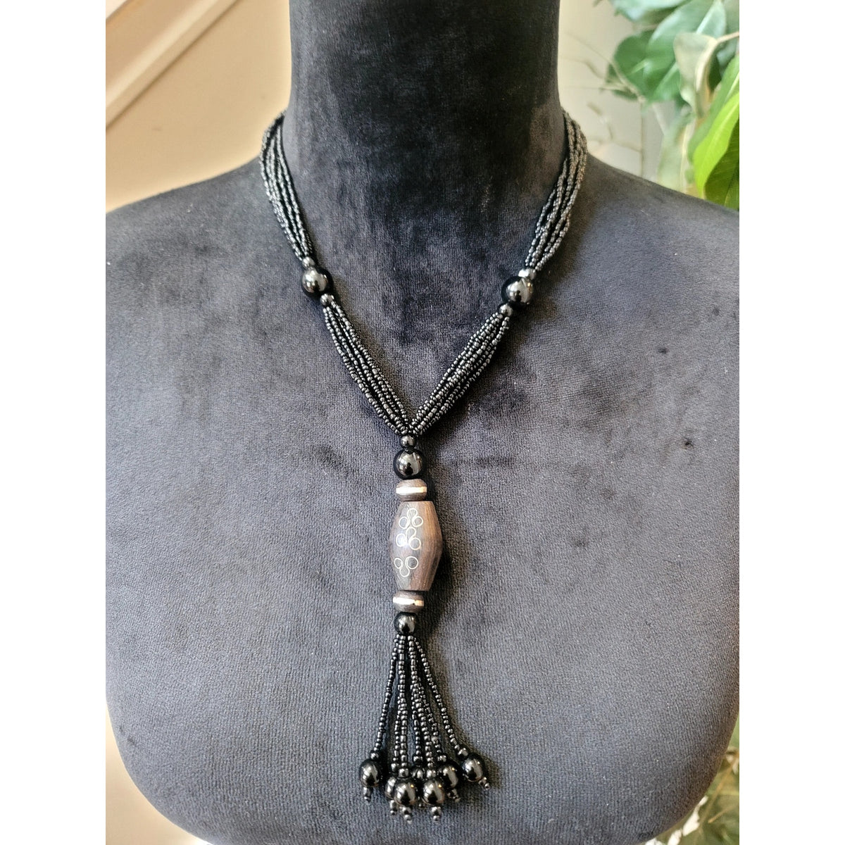 Black Seed Bead Tassel Necklace Wood Barrel Pendant Boho Tribal Statement 22"