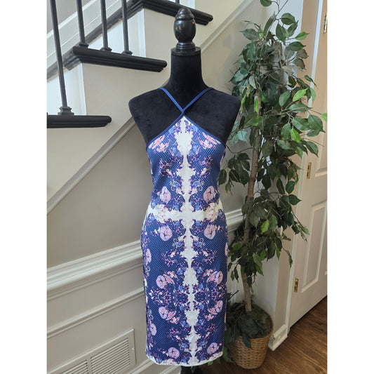 Venus Sheath Dress Women's Large Blue/Pink Floral Cross-Front Spaghetti Straps