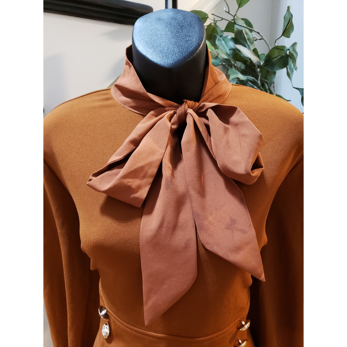 SHEIN Dress Women's XL Brown Empire Waist Double Button Detail Lantern Tie Neck
