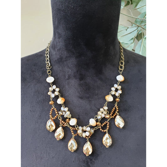 Women Gold Tone Multi Shape Faceted Beads Dangley Charms Bib Necklace w/ Lobster