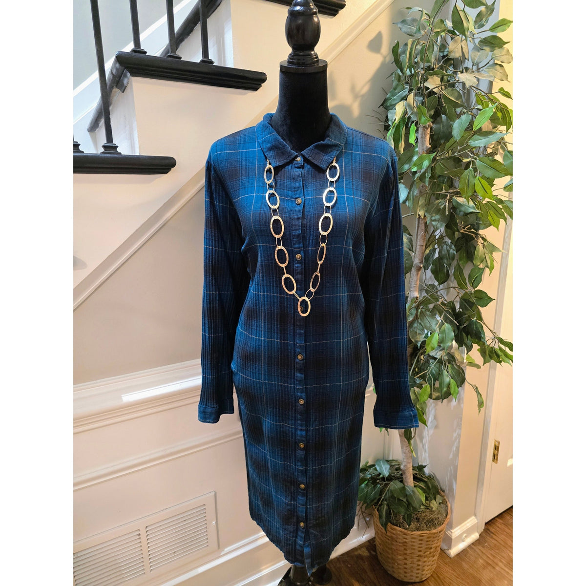 J. Jill Shirt Dress 2X Navy Blue Cotton Plaid Pleated Collared Casual Button-Up