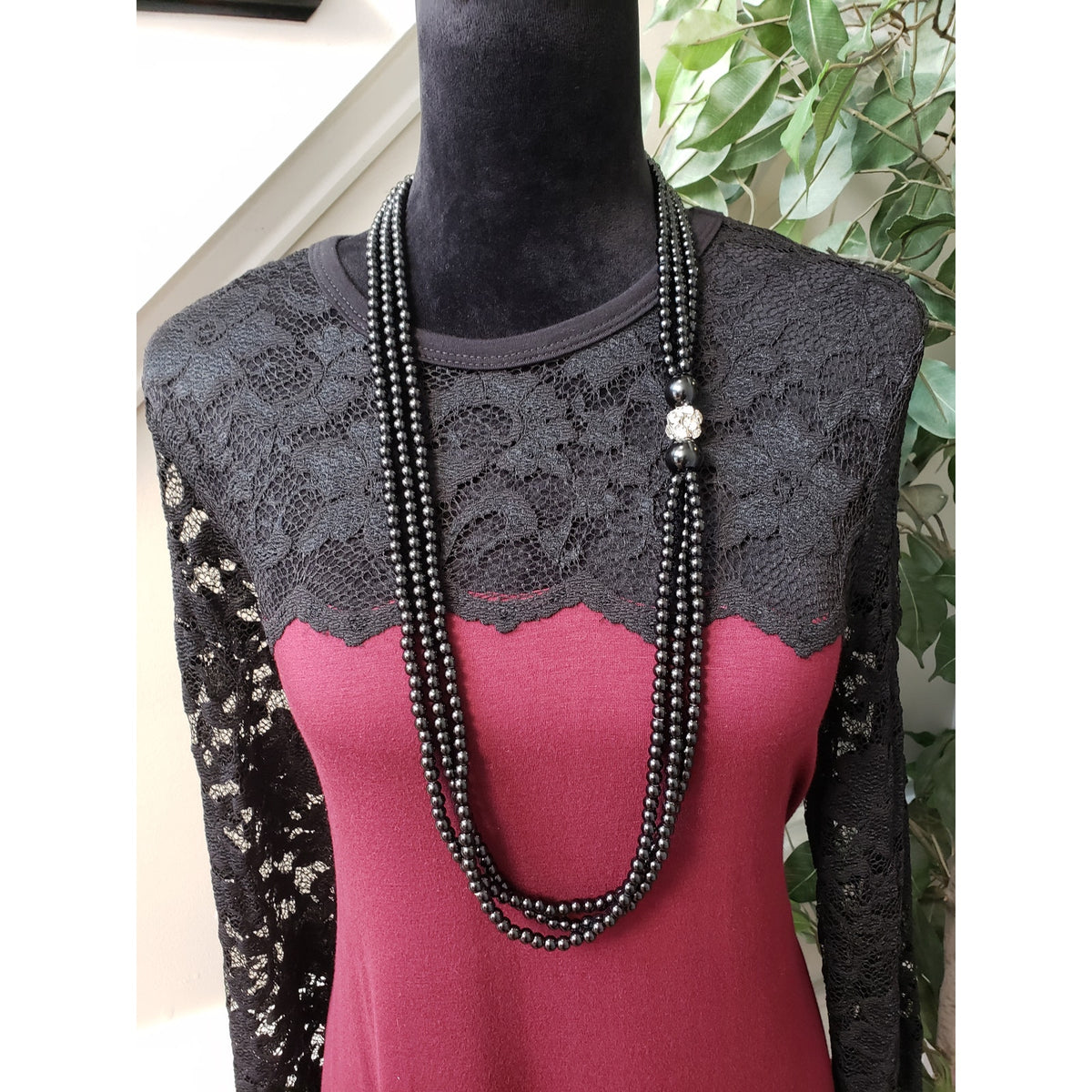 Karen Kane Sheath Dress Womens L Burgundy Black Lace Sleeve Round Neck Pullover
