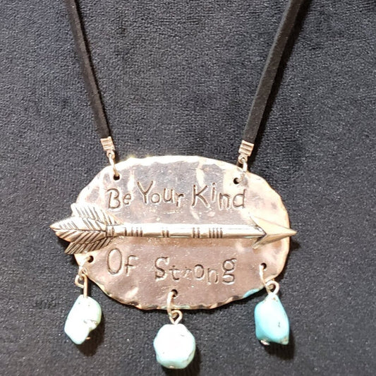 Women Silver Tone "Be Your Kind Of Strong" Leather Cord Pendant Necklace Lobster