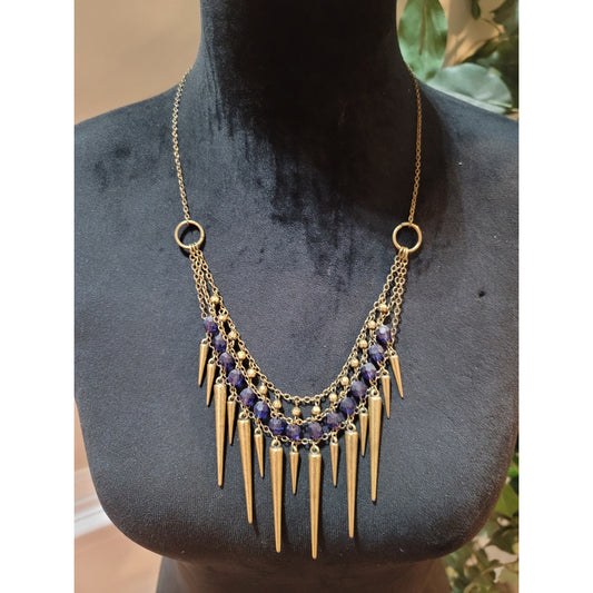 Women Gold Chain Spike Necklace With Purple Beads And Lobster Clasp Lock Jewelry