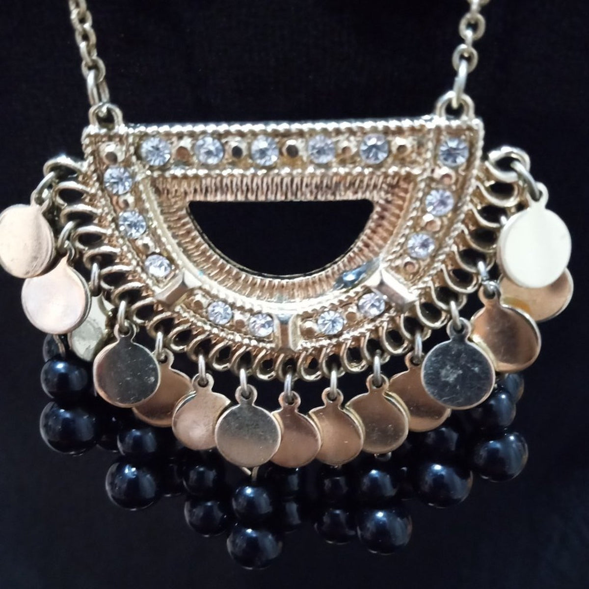 Women Fashion Elegant Black & Clear Rhinestone Beads Gold Tone Pendant Necklace