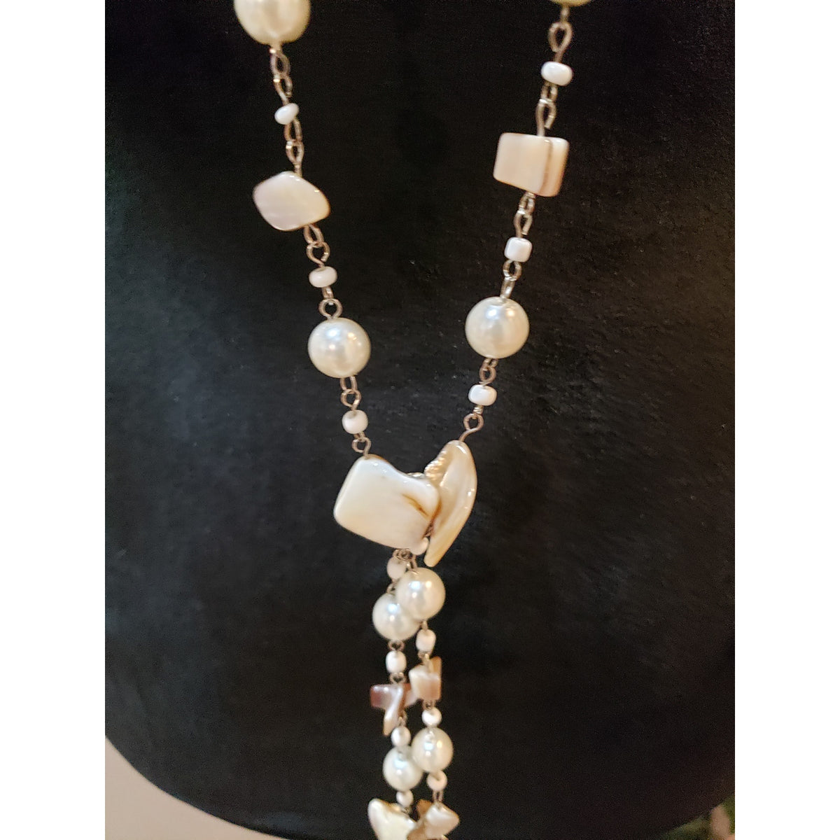 Womens Silver Oyster Shells Faux Pearl Blister Beads Long Necklace w/ Earrings