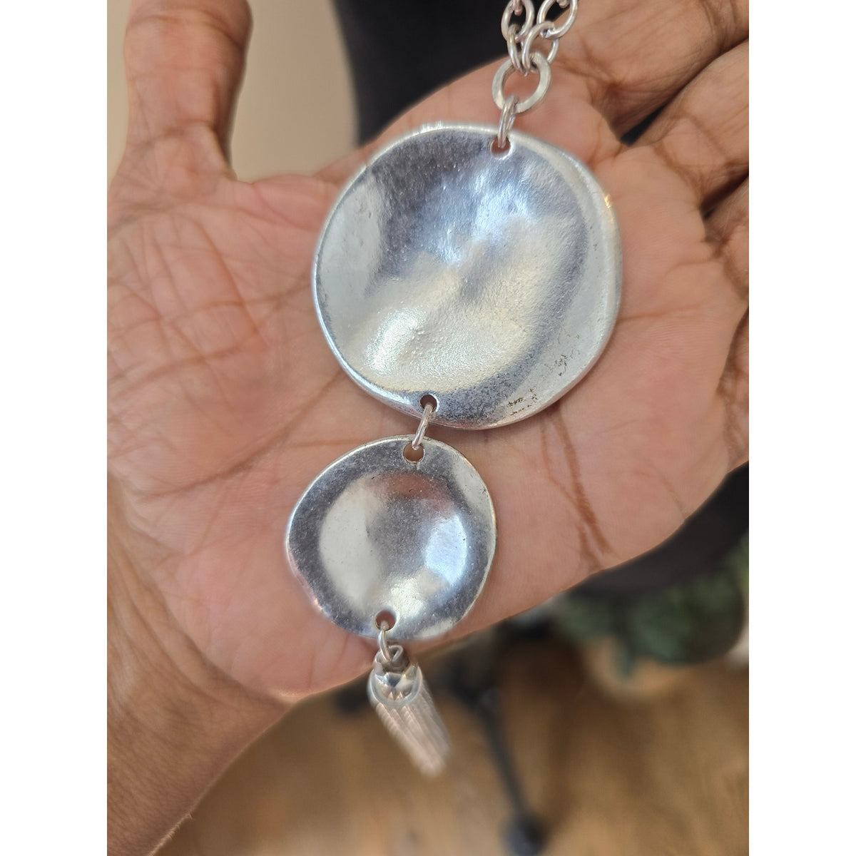Long Silver Tone Double Disc Pendant Necklace Tassel Dangle
