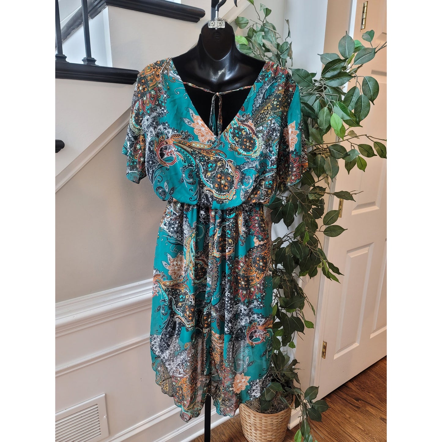 Sweet Storm Dress Womens Medium Teal Multicolor Paisley Boho Casual Lightweight