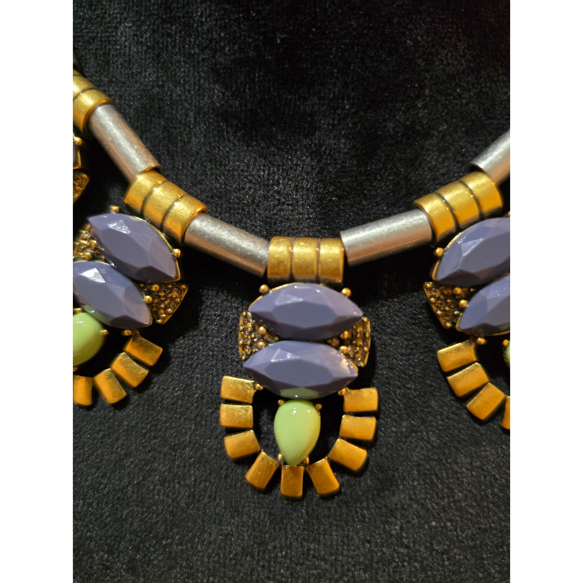 Women's J Crew Necklace Purple Green Stone Gold Tone Bib Pendant