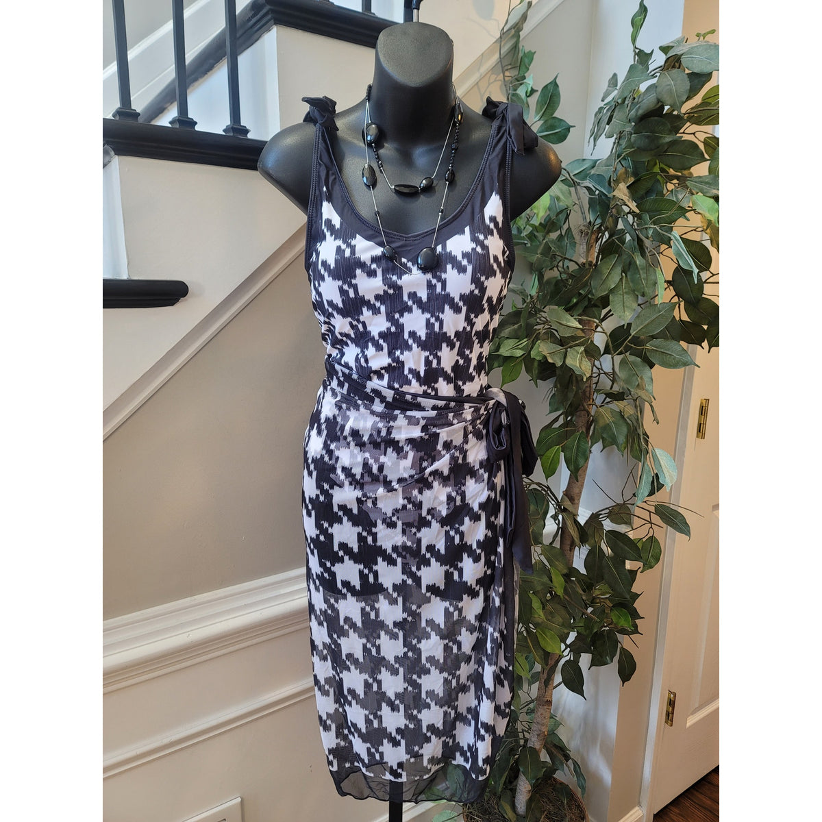Swim Suit Set Women's Large Black/White Houndstooth Padded Bra Sarong Wrap