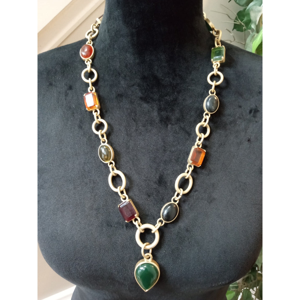 Multicolor Gemstone Pendant Chain Necklace Gold Tone Green Agate Look