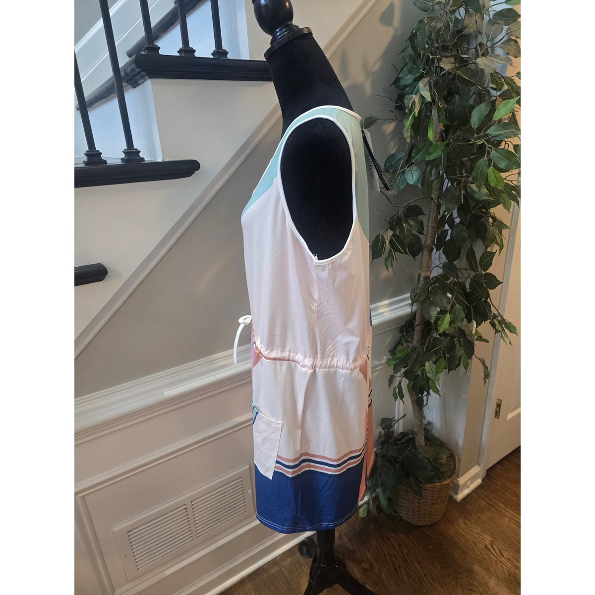 Saukole Mini Dress Women 2XL Multicolor Geometric Drawstring Waist Keyhole Neck