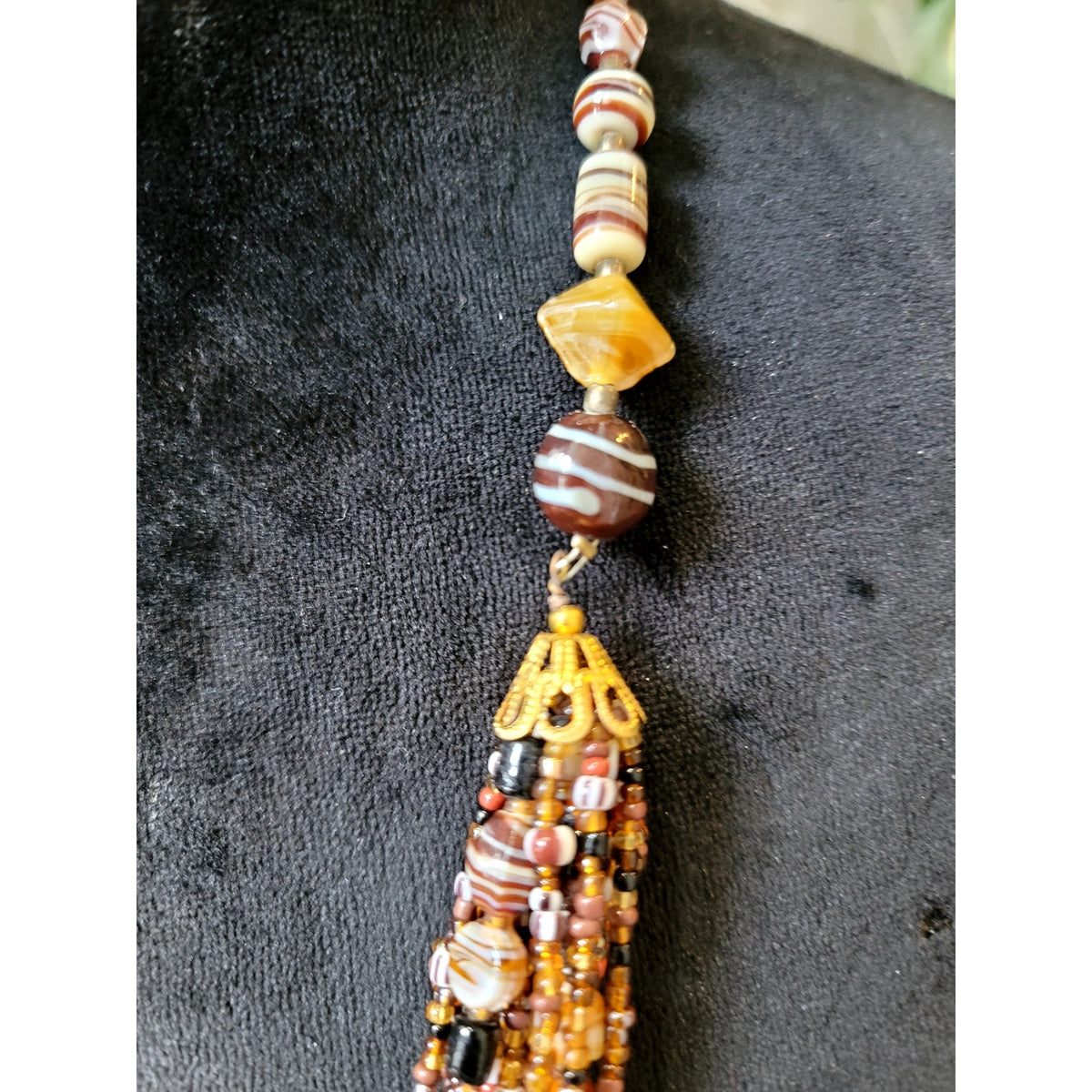 Vintage Multi Strand Seed Bead Necklace Brown Amber Earth Tone Statement Bib