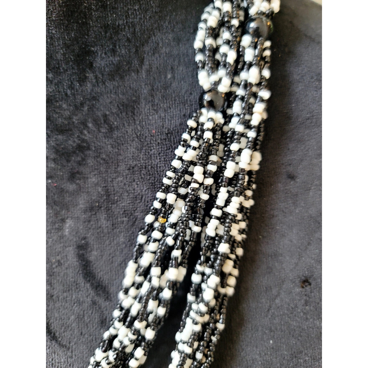 Black & White Seed Bead Multi-Strand Long Necklace Layered Statement Jewelry