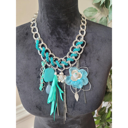 Women's Statement Necklace Earrings Set Blue Beads Flower Lobster Clasp Bold