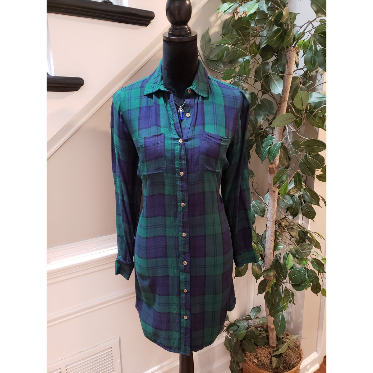 Old Navy Shirt Dress Womens S Green Plaid Casual Long Sleeve Collar Button Down