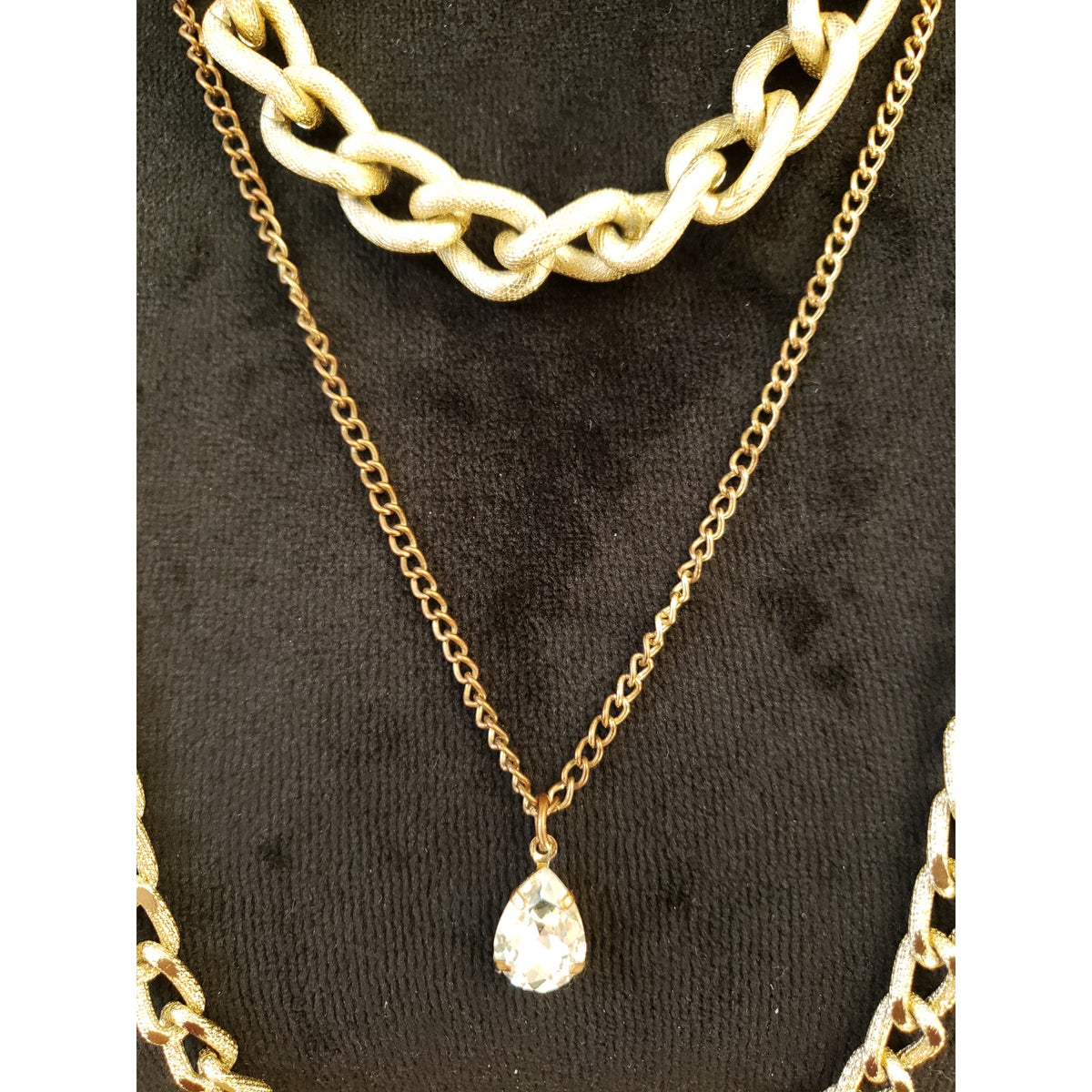 Layered Gold Tone Chain Necklace Set with Teardrop Pendant Fashion Jewelry