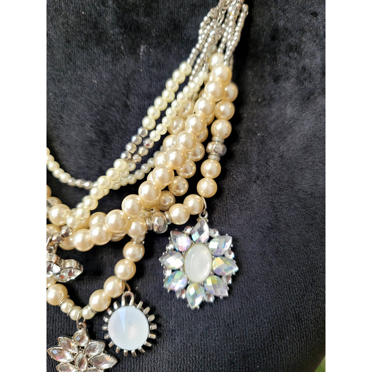 Women Multi Strand Faux Pearl Statement Necklace Crystal Floral Charm Bib