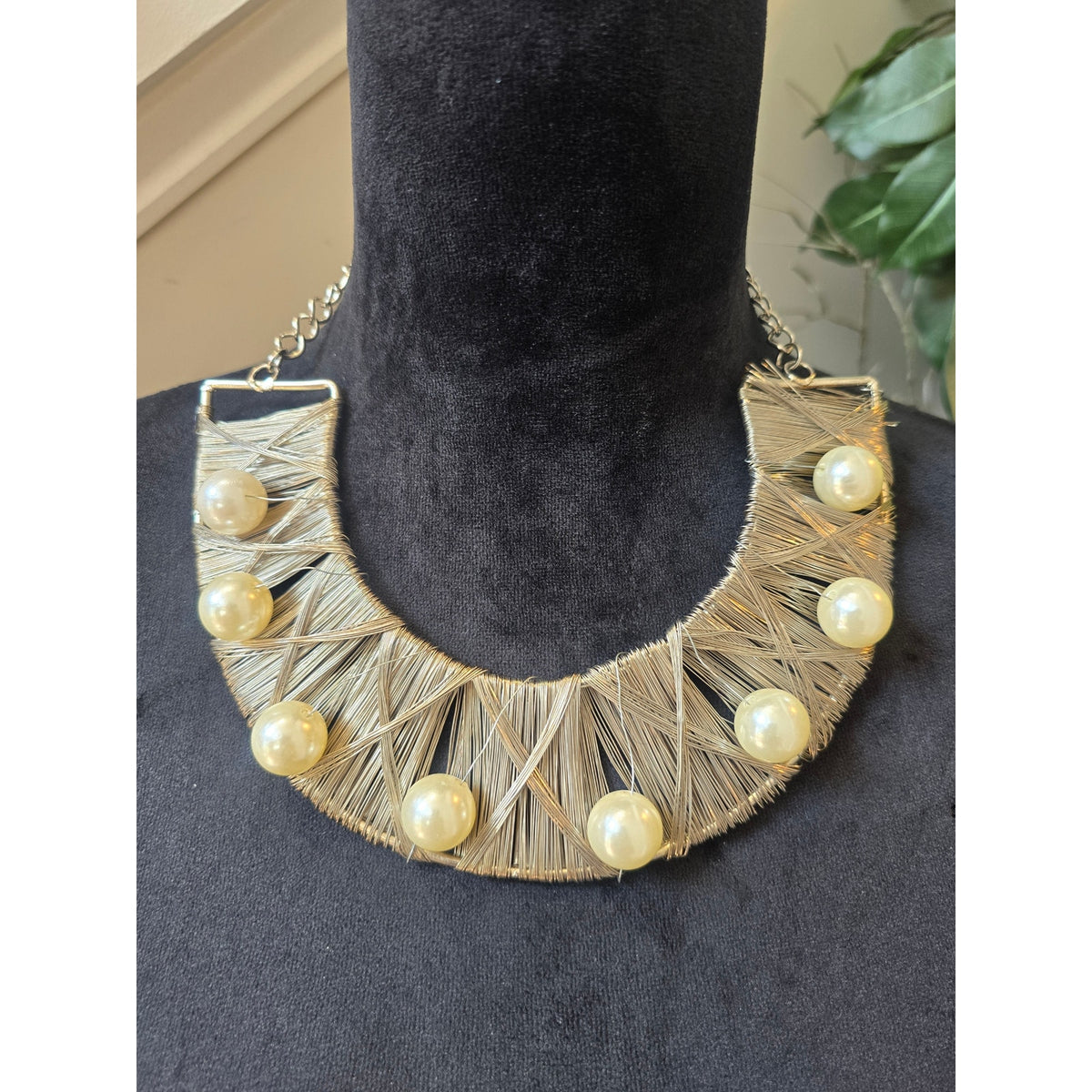 Silver Tone Woven Fan Bib Necklace with Faux Pearl Accents