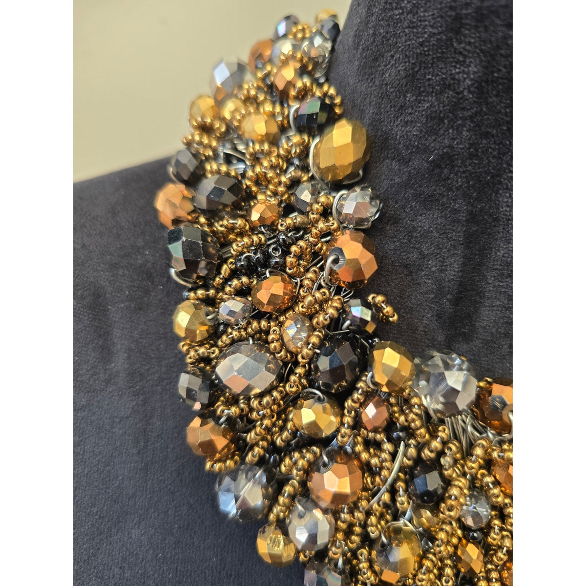 Aldo Gold Amber Bronze Crystal Beaded Layered Bib Collar Necklace