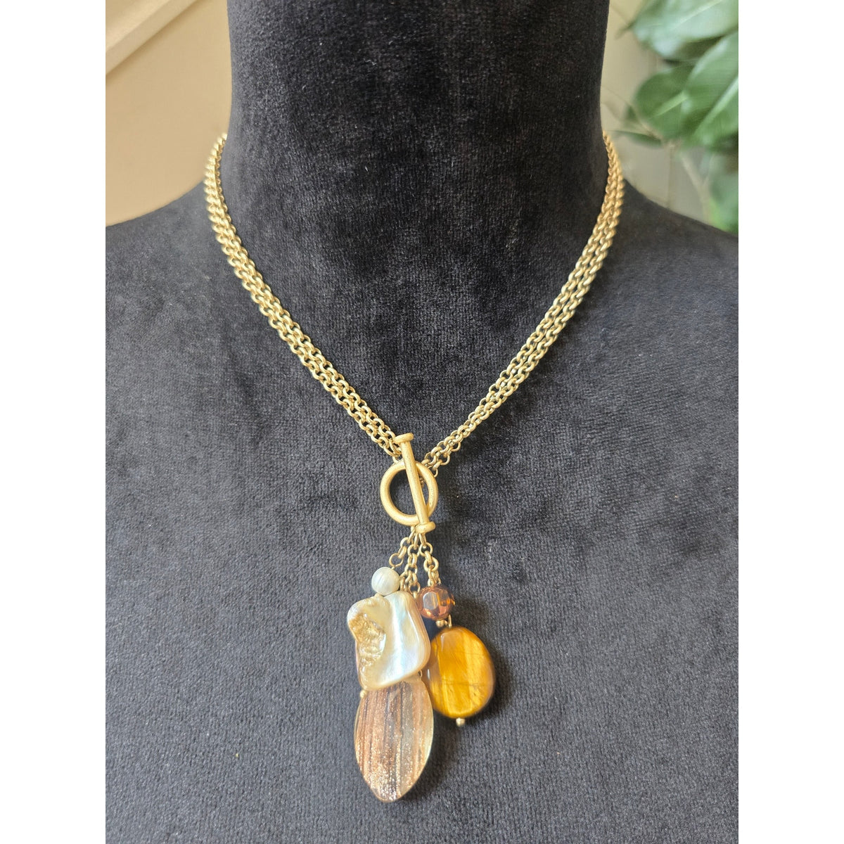 Gold Tone Layered Chain Pendant Statement Necklace