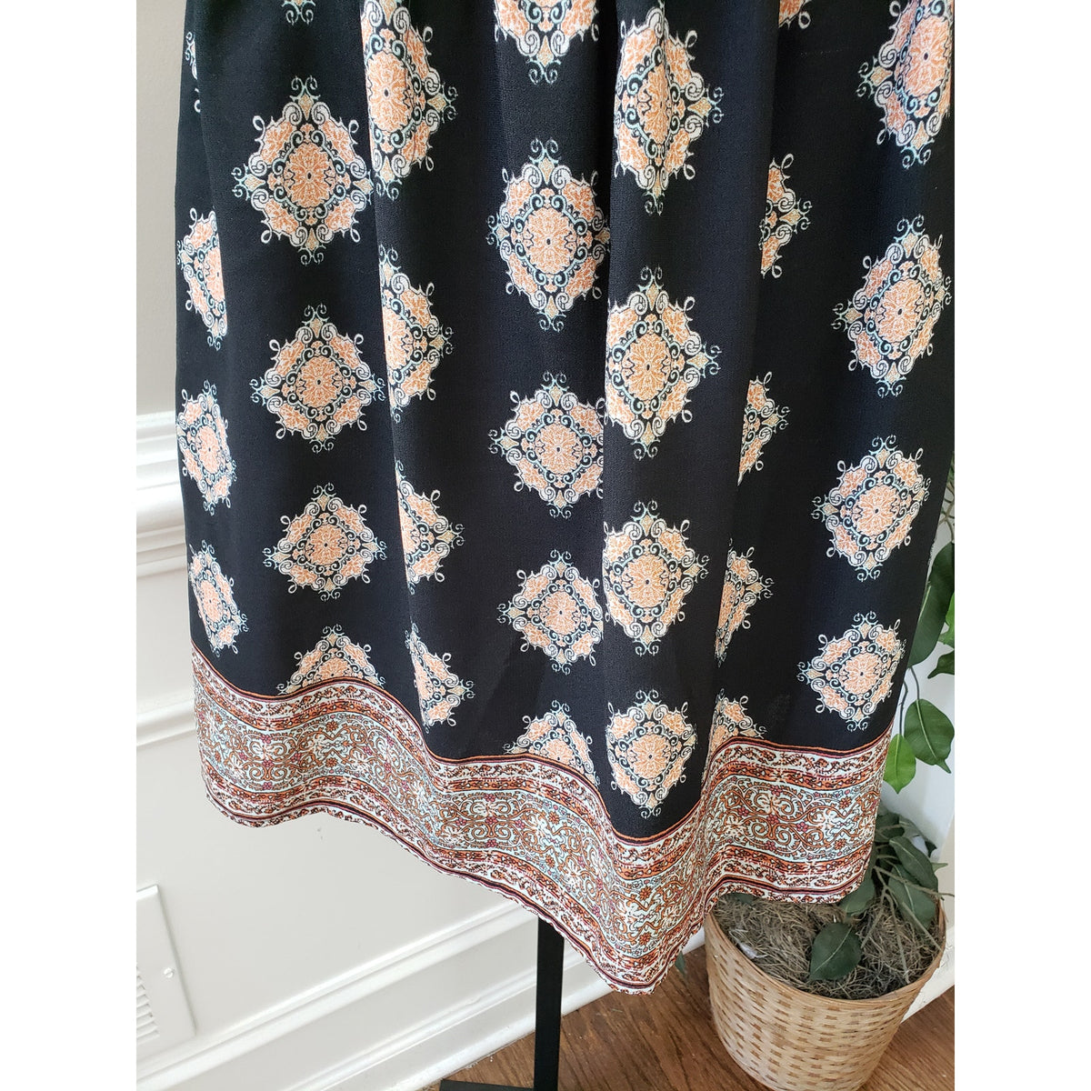 Womens A Line Dress Black Printed Smocked Sleeveless Spaghetti Straps Pleated S