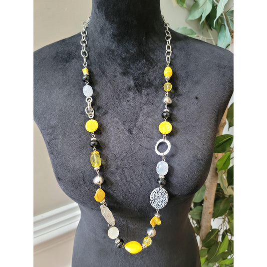Women's Yellow Black Silver Beaded Long Necklace Lobster Clasp Statement