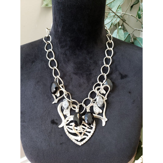Womens Silver Tone Chunky Black Beads Rhinestone Drippy Hollow Hearts Necklace