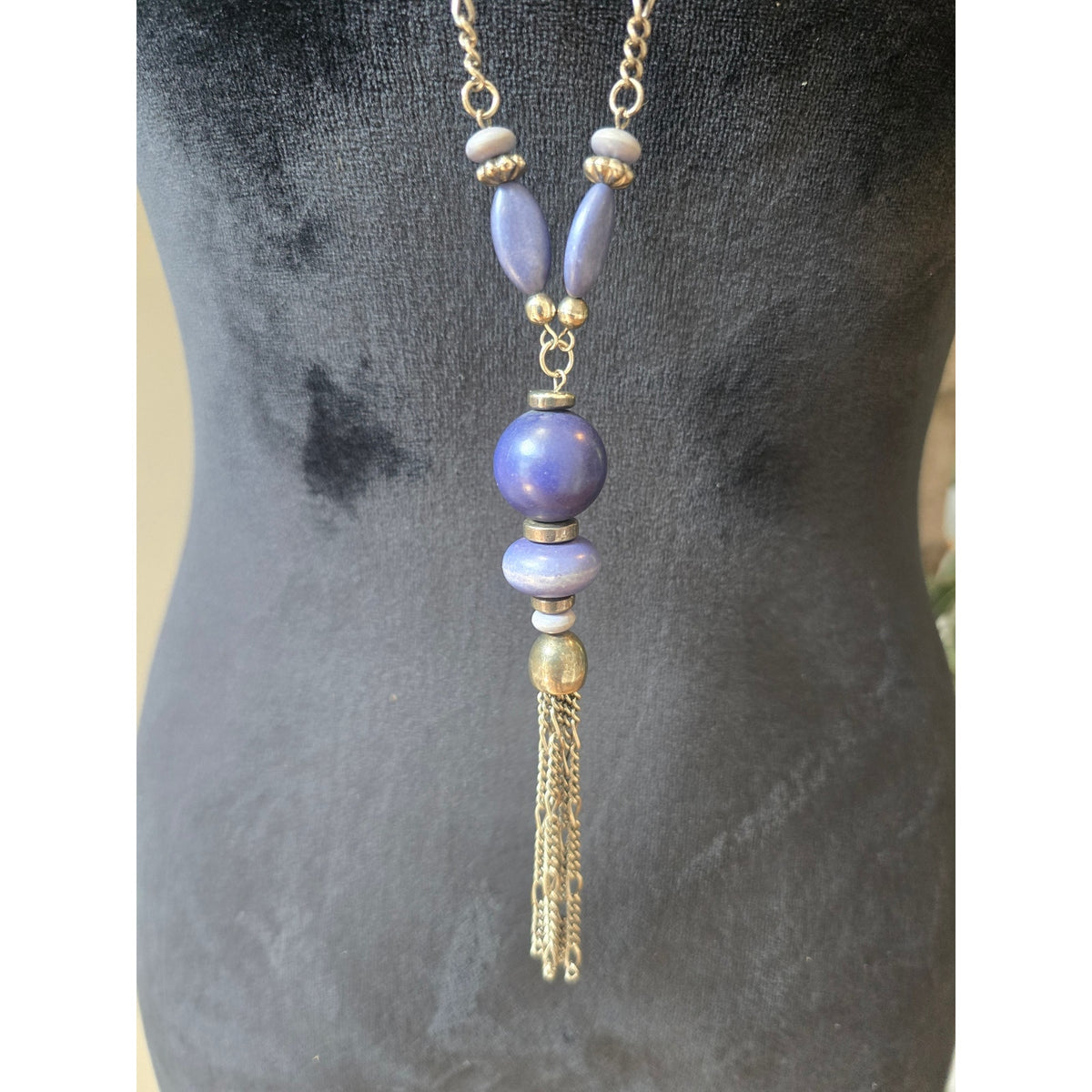 Purple Blue Beaded Long Gold Tone Chain Tassel Pendant Necklace