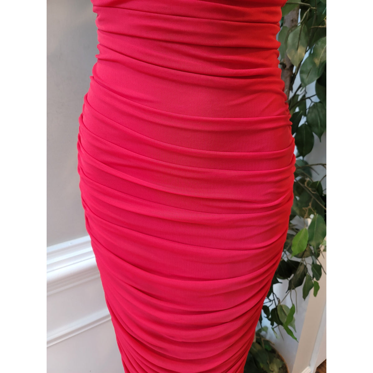 Fashion Nova Strapless Midi Dress Women's Medium Red Ruched 3D Floral Corsage