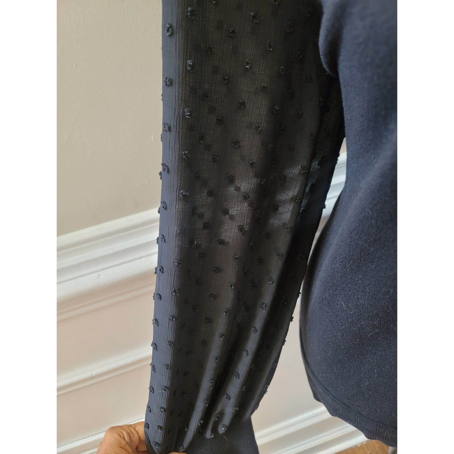 Vince Camuto Sweater Women's XXL Black Sheer Sleeve Textured Dot Knit Pullover