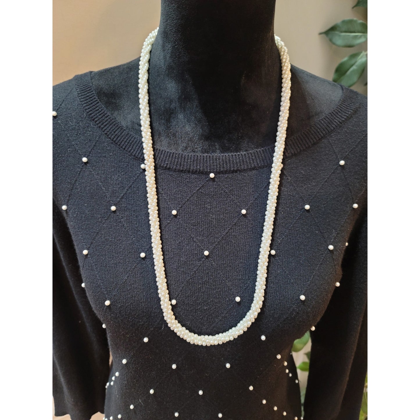 ELLE Sweater Women's Medium Black Pearl Embellished 34 Sleeve Pullover Knit