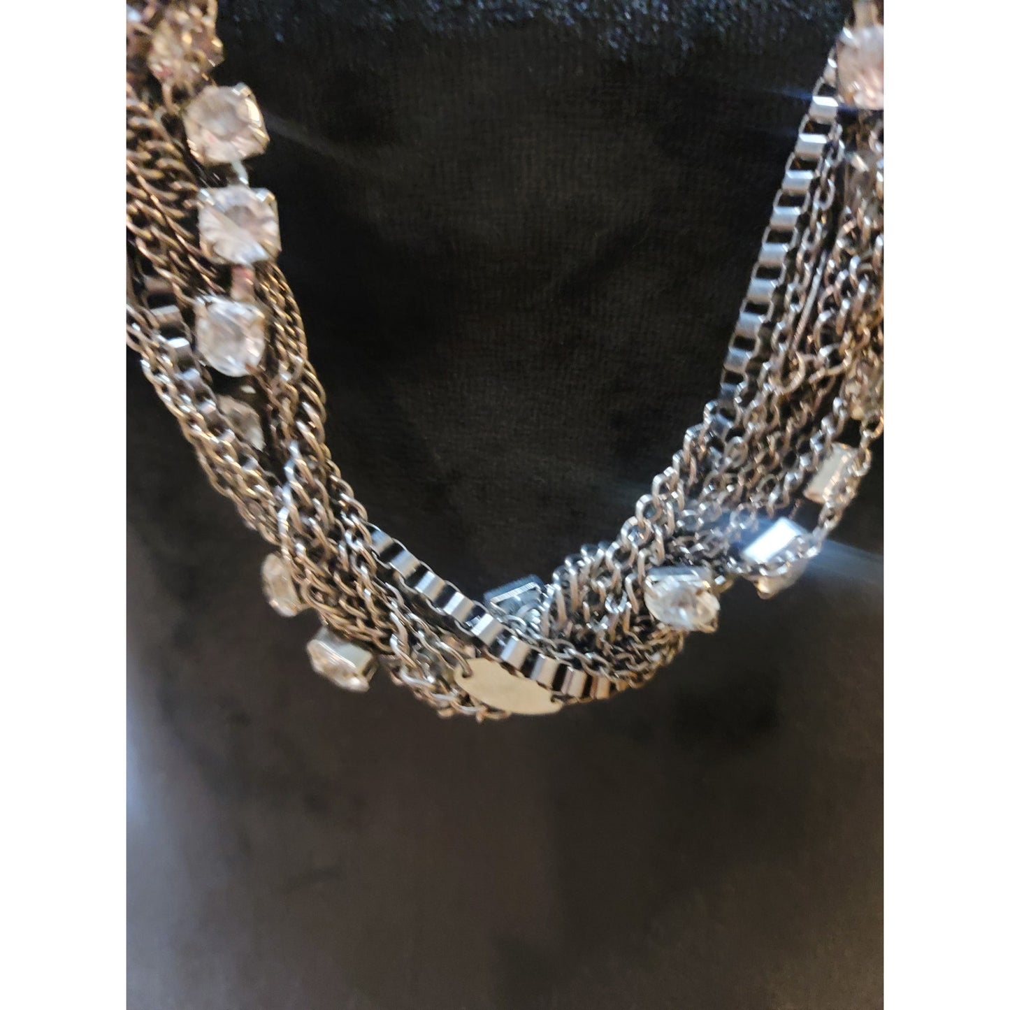 Women's Silver Tone Multi Layer Rhinestone Chain Necklace With Lobster Clasp