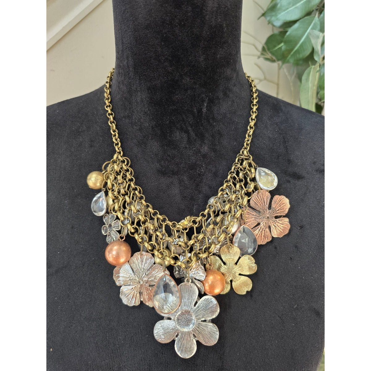 Gold Tone Mixed Shell Disc Charm Statement Necklace Chunky Bib Boho Jewelry