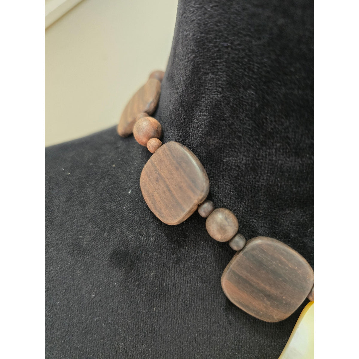 Brown Wood Bead Necklace Large Teardrop Shell Pendant Statement Jewelry