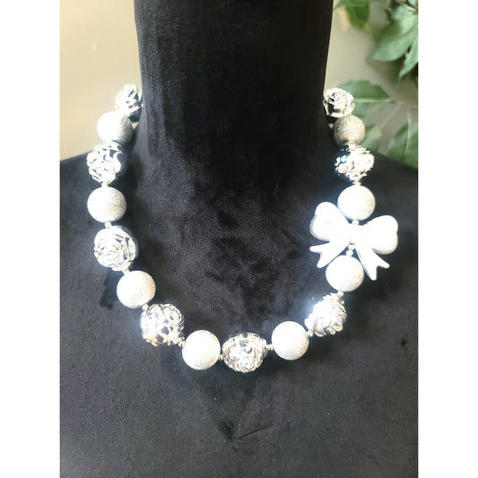 Women's Silver Tone Beaded Necklace Textured Balls Bow Accent Lobster Clasp