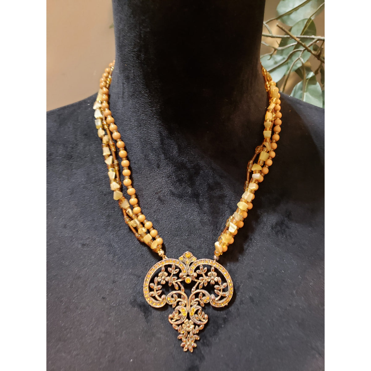 Womens 3 Strand Yellow Chunky Beads Encrusted Crystals Filigree Pendant Necklace