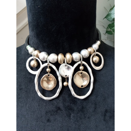 Silver Gold Tone Tribal Statement Necklace Hammered Disc Bib Collar Boho Chic