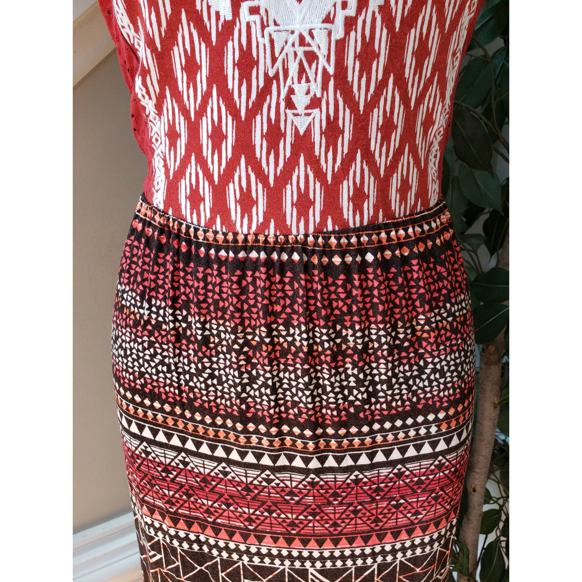 Spense Long Maxi Dress Womens XL Multi Geo Print Sleeveless Embroidered V Neck