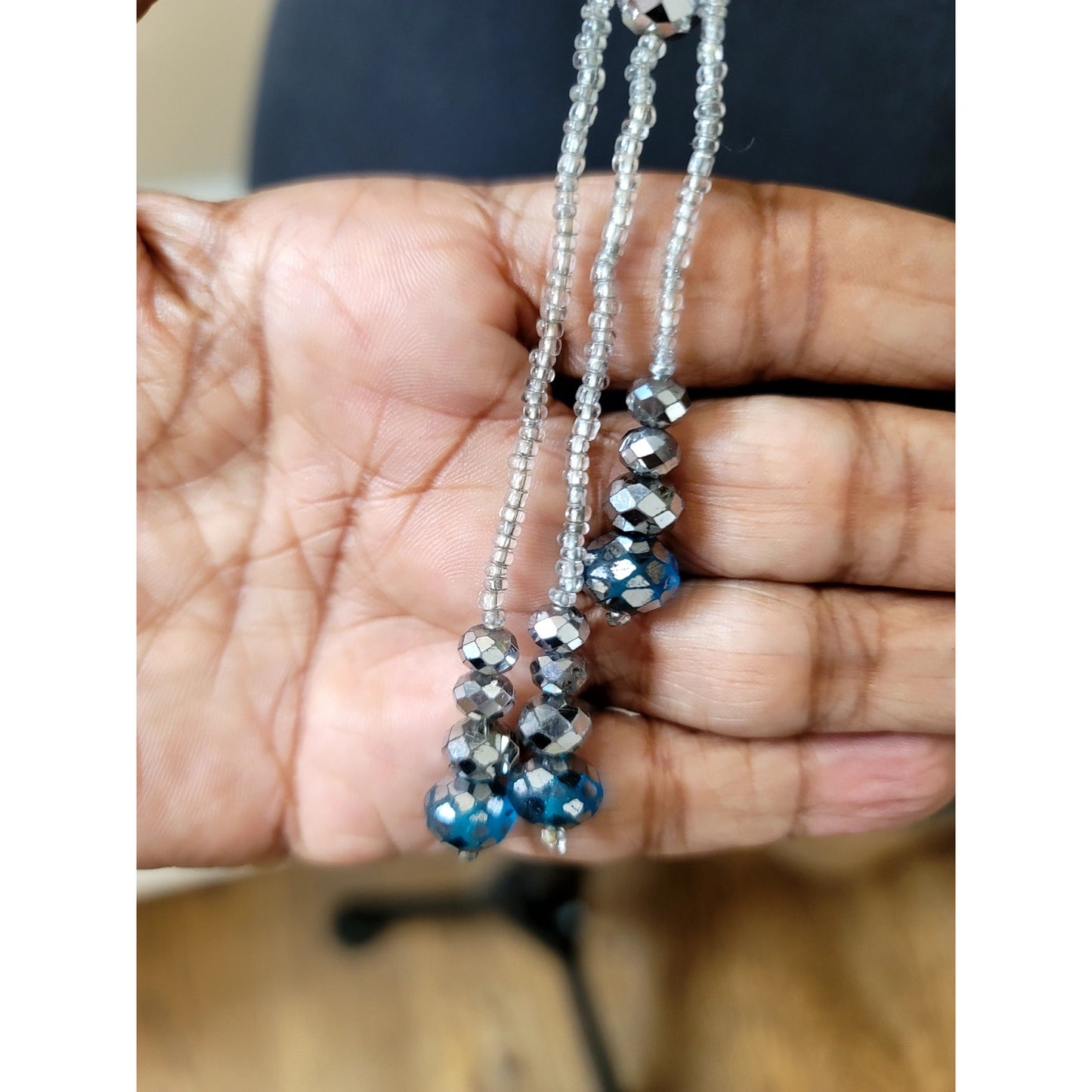 Silver Tone Beaded Lariat Necklace Crystal Drop Pendant Y Necklace Boho 32"