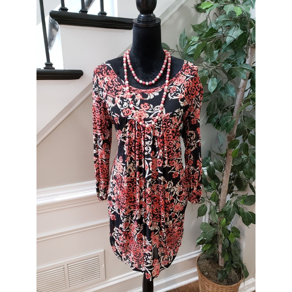 Womens Multicolor Polyester Round Neck Long Sleeve Knee Length Dress Size Medium