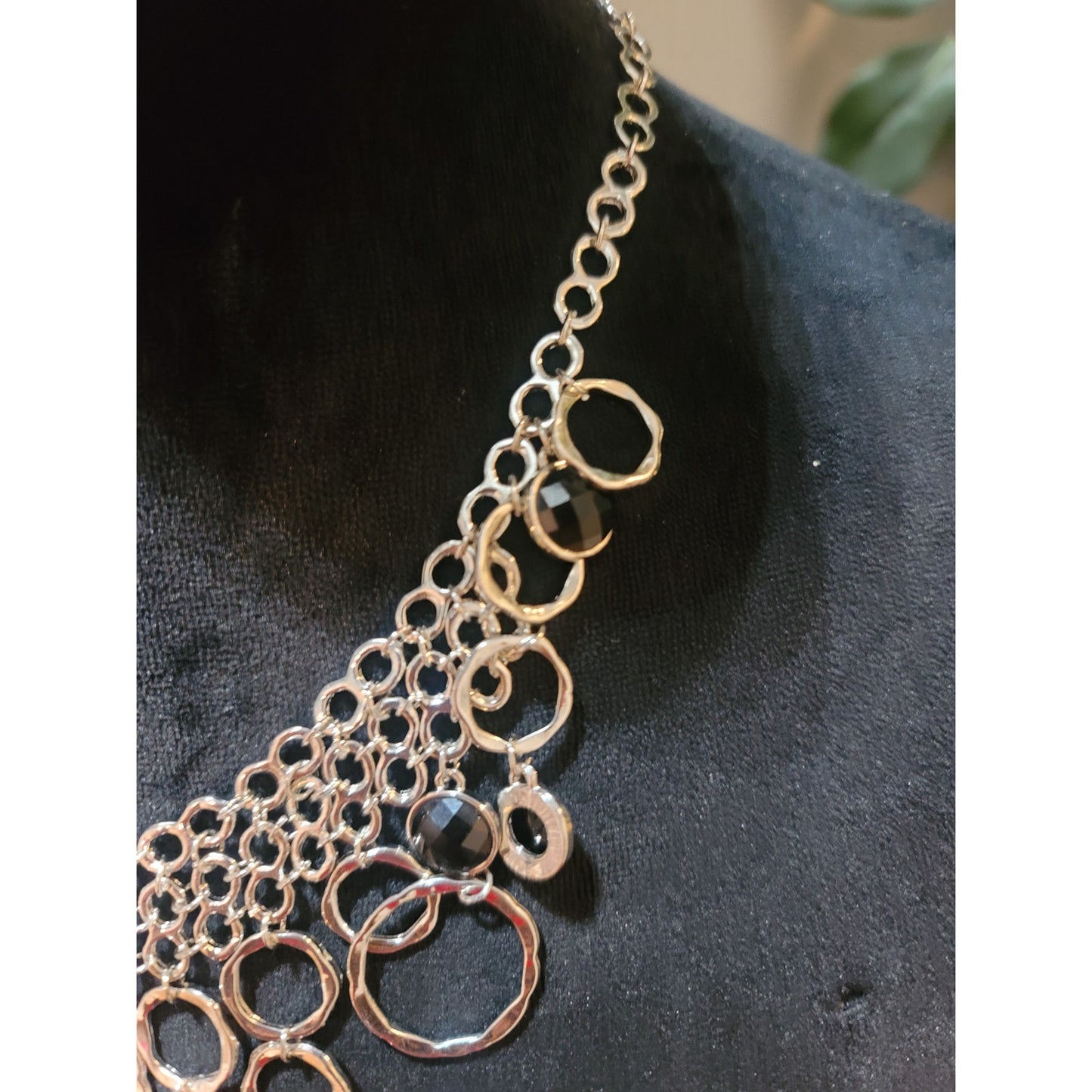 Women's Statement Necklace Silver Chain With Black Faceted Stones Lobster Lock