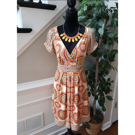 ECI Wrap Dress Women's Large Multi Floral Stretch Pleated Waist Belted V Neck