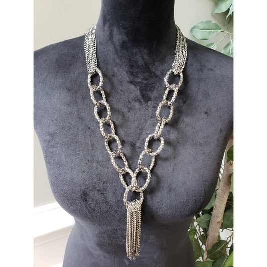 Women's Statement Silver Oval Link Tassel Necklace Lobster Clasp Fashion Bold