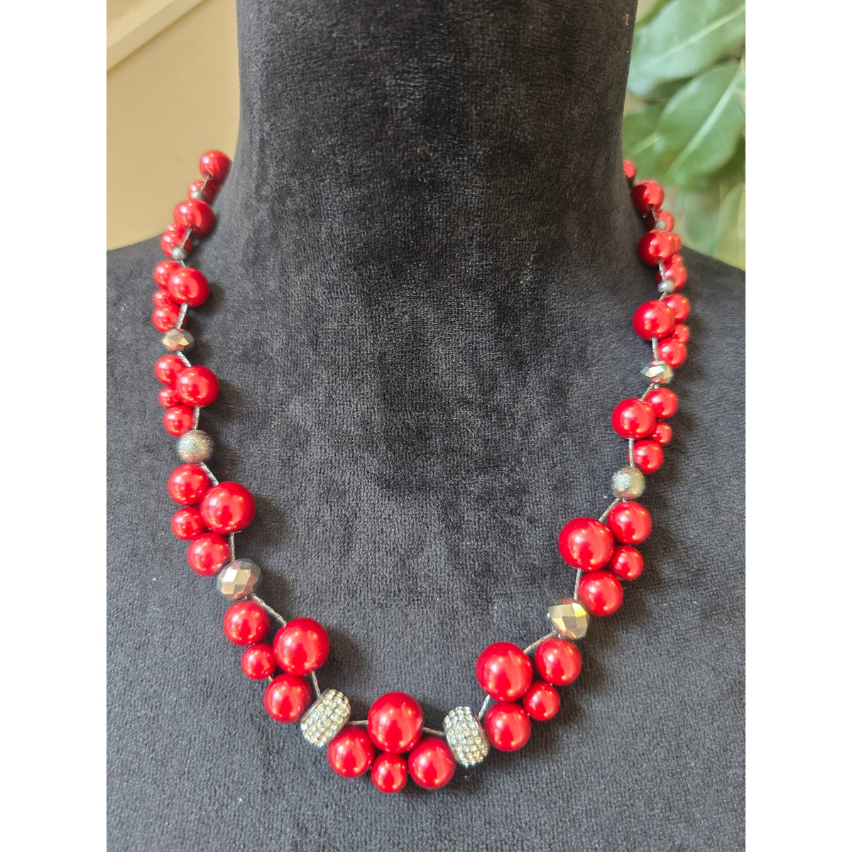 Red Beaded Cluster Statement Necklace Silver Tone Bold Fashion Jewelry