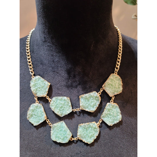 Women's Elegant Stylish Green Druzy Statement Necklace with Gold Chain